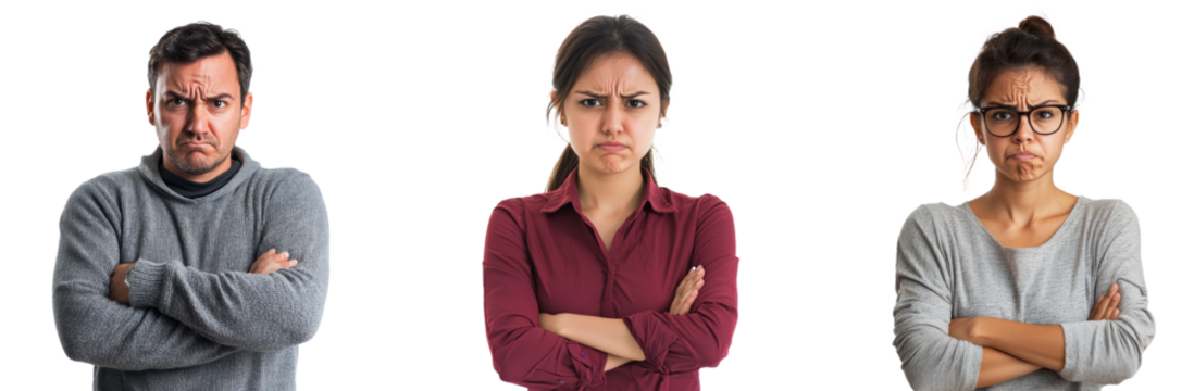 Person frowning with arms crossed isolated on transparent background