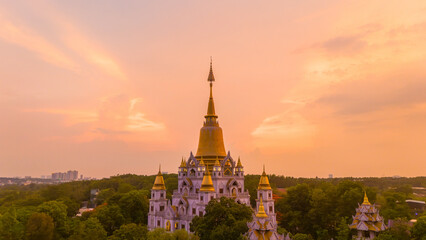 Naklejka premium Aerial view of Buu Long Pagoda in Ho Chi Minh City. A beautiful buddhist temple hidden away in Ho Chi Minh City at Vietnam. Travel and landscape concept