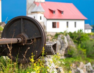 Old pulley rests on hillside near church