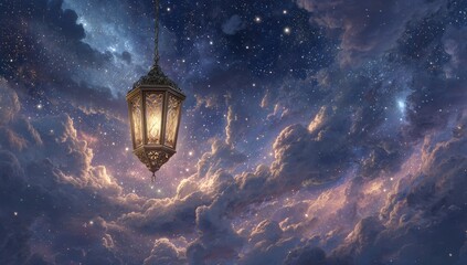 Obraz premium A vintage lantern hangs suspended amidst a night sky filled with swirling clouds and stars