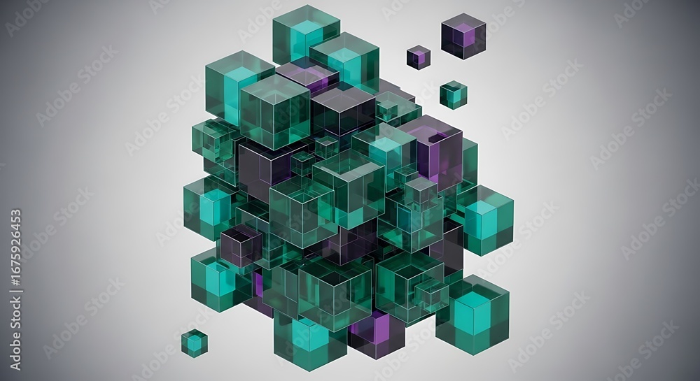 Poster cluster of translucent green and purple cubes floating in space, tote bag mockup, canvas tote bag mo