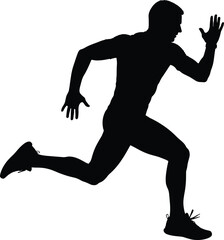 Silhouette of a male athlete running in full sprint showing speed, determination, power, fitness, and competitive sports performance.