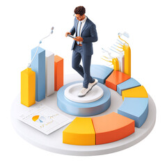 Businessman standing on a pie chart analyzing data isolated on transparent background