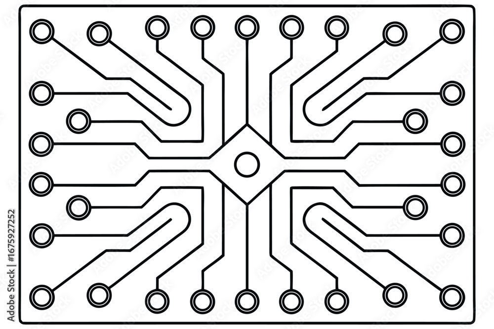 Poster black and white illustration of a microchip circuit board pattern computer chip technology