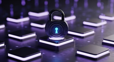 Digital padlock with glowing keyhole on a dark background with purple lights