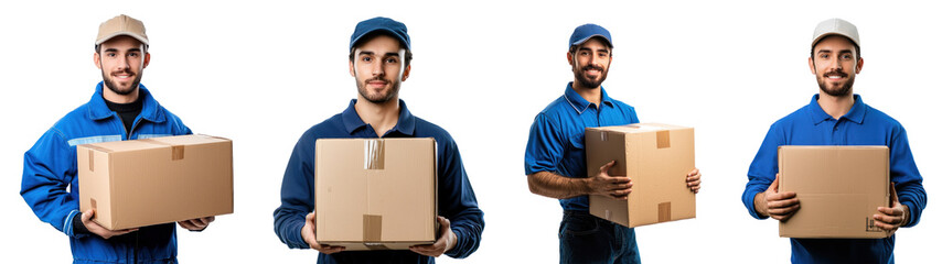 Delivery man holding cardboard box isolated on transparent background