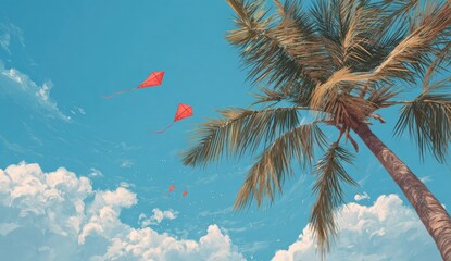 Vibrant kites soaring over a palm tree against a vibrant sky
