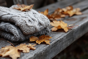 Cozy knitted sweater with fallen autumn leaves on weathered wooden bench, evoking warmth and seasonal comfort.