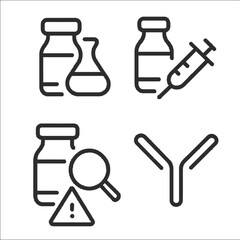 A clean icon collection visually represents essential medical and scientific concepts, featuring vaccine vials, syringes, laboratory research, and antibody symbols.