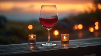 Glass of wine sitting on a table with candles copy space drink background