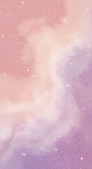 Fototapeta premium Soft pastel watercolor background with a blend of pink, peach, and purple hues, dotted with tiny sparkling stars.