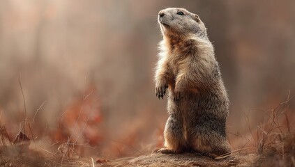 Fototapeta premium A groundhog stands alert in a sunlit forest