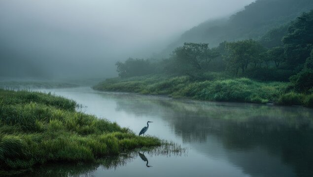 Misty riverbank with heron