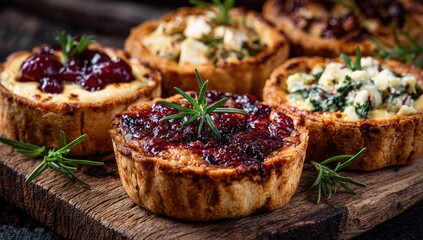 Assorted mini quiches on a wooden board