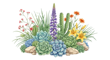 Handdoek met foto Jungle Vibrant watercolor desert garden illustration with succulents, cacti, purple lupine, yellow and orange flowers, and rocks.  © MdMoklesur