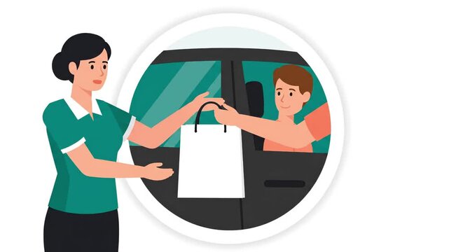 Flat style illustration of a store associate handing a click-and-collect shopping bag to a person through a car window curbside, circular badge composition