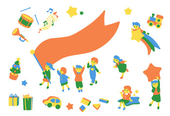 子どもたちの楽しい行進とおもちゃ