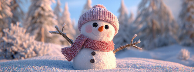 Cute 3D generated snowman character wearing a pink knitted hat and scarf, standing in a dreamy winter wonderland landscape with soft light, fresh snow, and blurred pine trees in the background