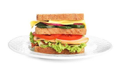 Tasty sandwich with ham, bacon, cheese and vegetables isolated on white