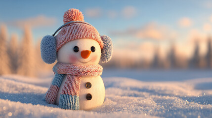 Adorable snowman with scarf and earmuffs in snowy winter landscape at sunrise, symbol of Christmas, holidays, and festive season.
