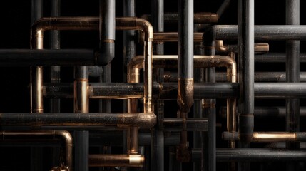 Complex Intertwined Metal Pipes And Tubes With Gold Accents
