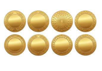 Eight ornate golden oval badges with intricate embossed patterns isolated on transparent background