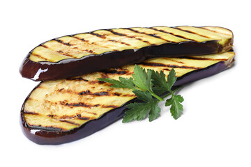 Slices of grilled eggplant and parsley isolated on white