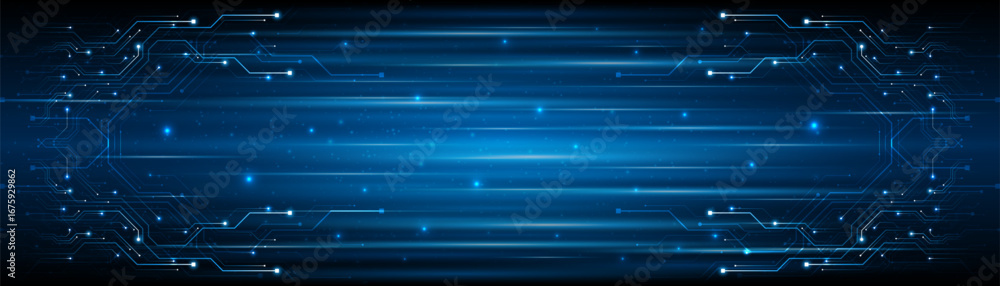 Aufkleber blue glowing lines with glitter light effect on dark background. high speed internet technology conc