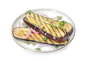 Slices of grilled eggplant, parsley, pumpkin seeds and onion isolated on white