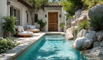 Outdoor pool area with patio furniture