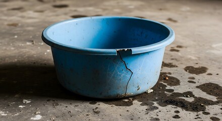 A damaged blue plastic basin with cracks and water stains sits on a concrete floor, highlighting a state of disrepair