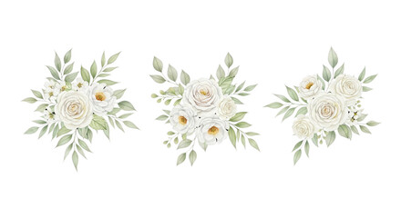 Elegant white roses floral bouquets with delicate greenery for wedding invitations and sophisticated designs
