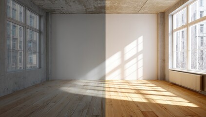 Obraz premium Empty room, before and after light. A split image of a loft-style room. Left side is dark, muted. Right side is bright, with sunlit wooden floors and shadows