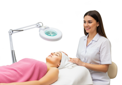 Skilled beautician performing facial treatment on a relaxed client under a magnifying lamp isolated on transparent background