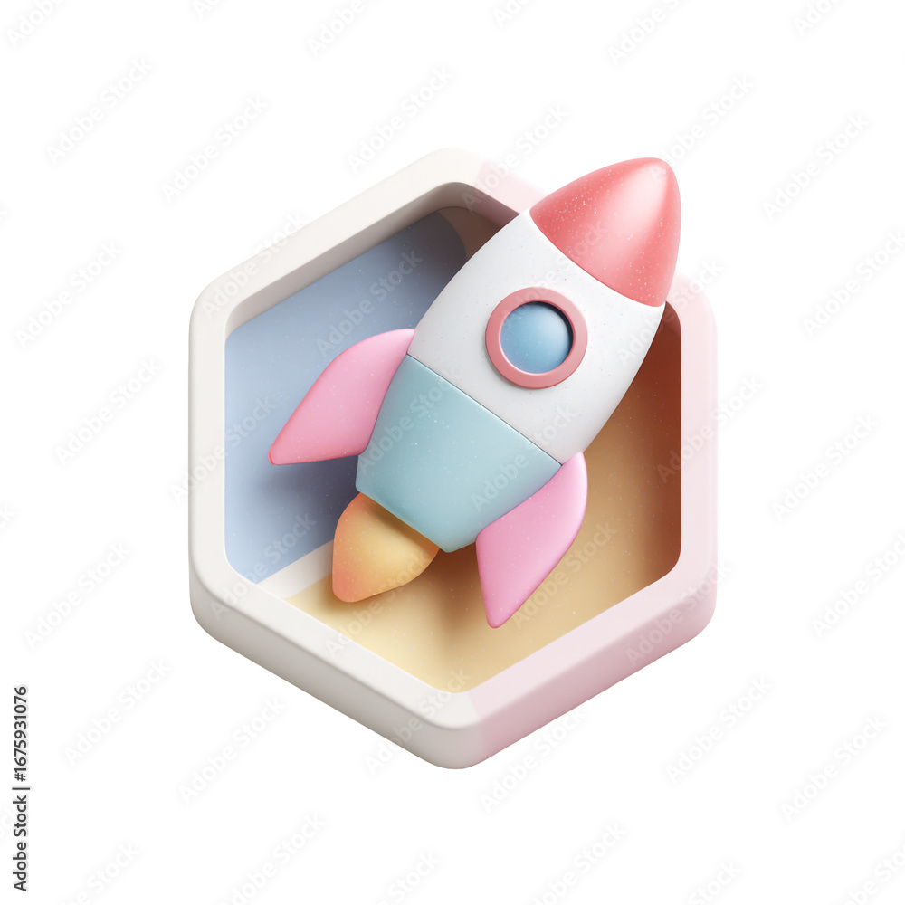 Fototapete 3d rendering of a rocket ship icon inside a hexagon frame isolated on transparent background