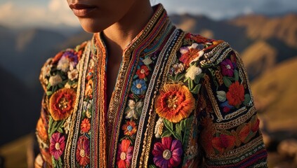 Obraz premium Close-up of a richly embroidered jacket. Floral motifs and colorful threads adorn the black bodice, accented by beaded details.
