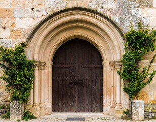 Old stone archway with dark wooden door and greenery