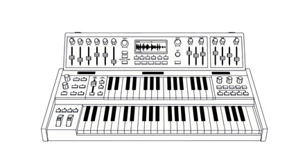 Detailed line art illustration of a vintage analog synthesizer with dual keyboards and control panel.