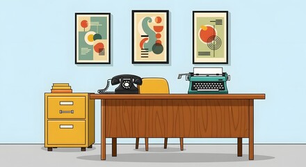 Illustration of a vintage office desk with a typewriter, telephone, and artwork on the wall, next to a filing cabinet