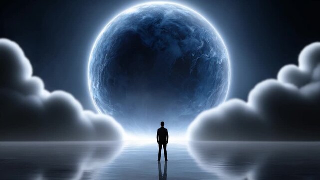 Man contemplates a cosmic landscape: A lone figure stands poised, dwarfed by the grandeur of a colossal celestial sphere, reflecting in serene waters, framed by atmospheric clouds.