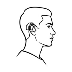 Man's profile features modern hearing aid, symbolizing advanced audiology and personal care solutions.