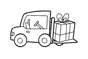 Cute Forklift with Gift Box Coloring Page. Cartoon Warehouse Vehicle for Kids