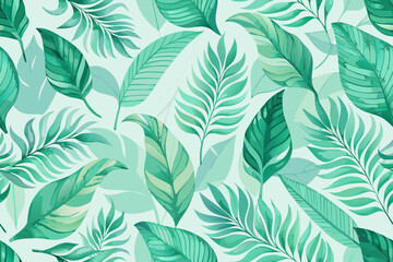 Serene tropical leaves pattern with lush green watercolor textures evoking natural beauty and tranquility