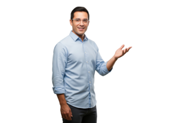 Cheerful man in a blue shirt smiling and making a welcoming presentation gesture.