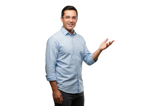 Cheerful man in a blue shirt smiling and making a welcoming presentation gesture. - Powered by Adobe