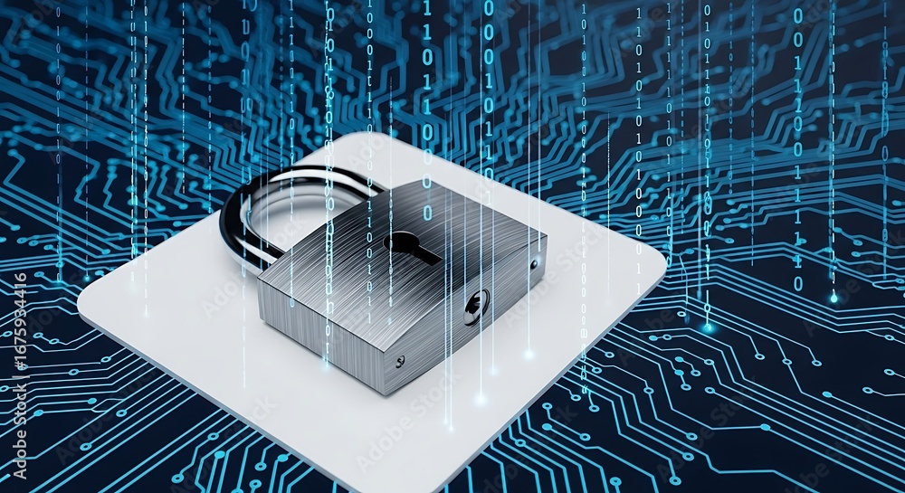 Poster digital padlock on a circuit board with binary code, cybersecurity concept, tote bag mockup, canvas 