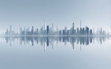 Fototapeta premium City skyline reflected in placid water, muted tones