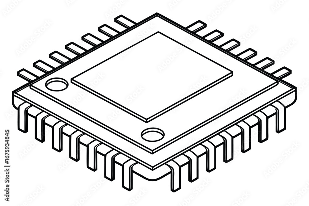 Poster isometric outline of a computer microchip processor on white background technology electronic