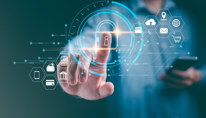 Fototapeta premium Protecting data and privacy in cyberspace cybersecurity measures for businesses in the digital age technology and network security concepts on a virtual background