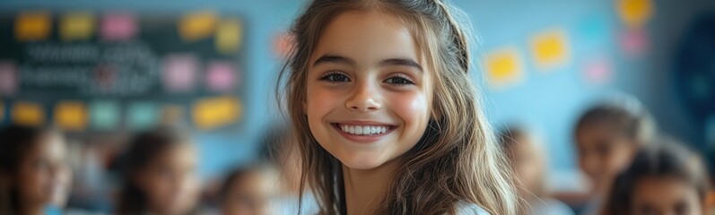 Fototapeta premium Young girl smiling in a classroom with other children